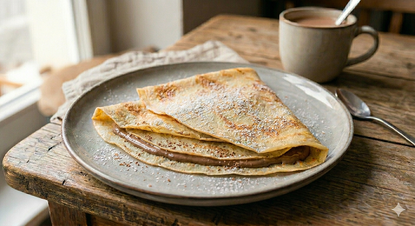 Crêpe mit Haselnusscreme HASELGENUSS von BRANDGUT auf Holztisch