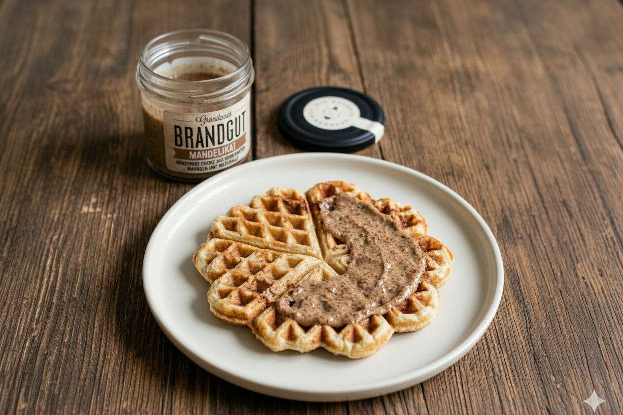 Herz-Waffel bestrichen mit Nusscreme MANDELIKAT von BRANDGUT auf Holztisch