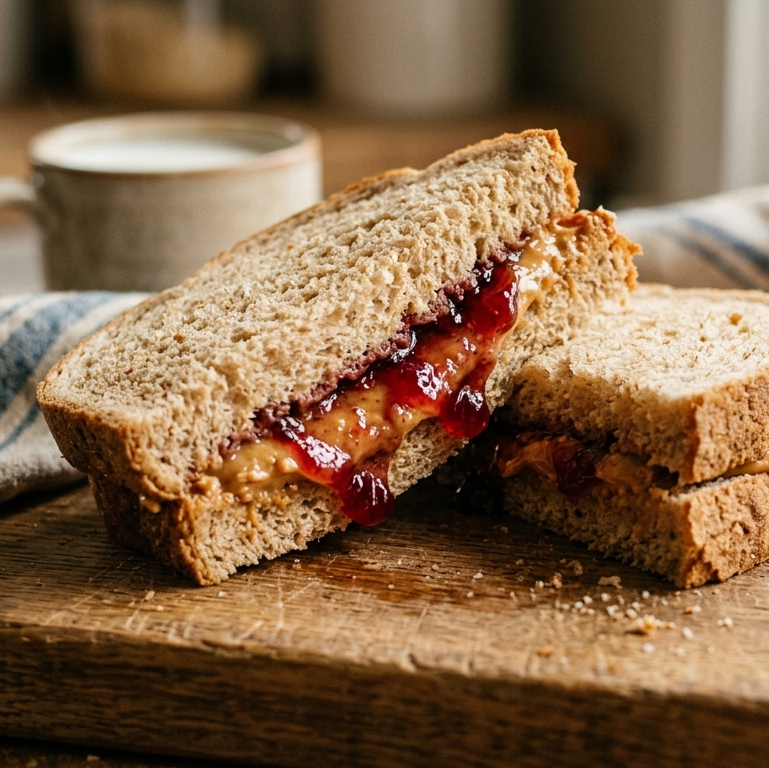 Sandwich mit Erdnussbutter & Gelee auf Holzbrett