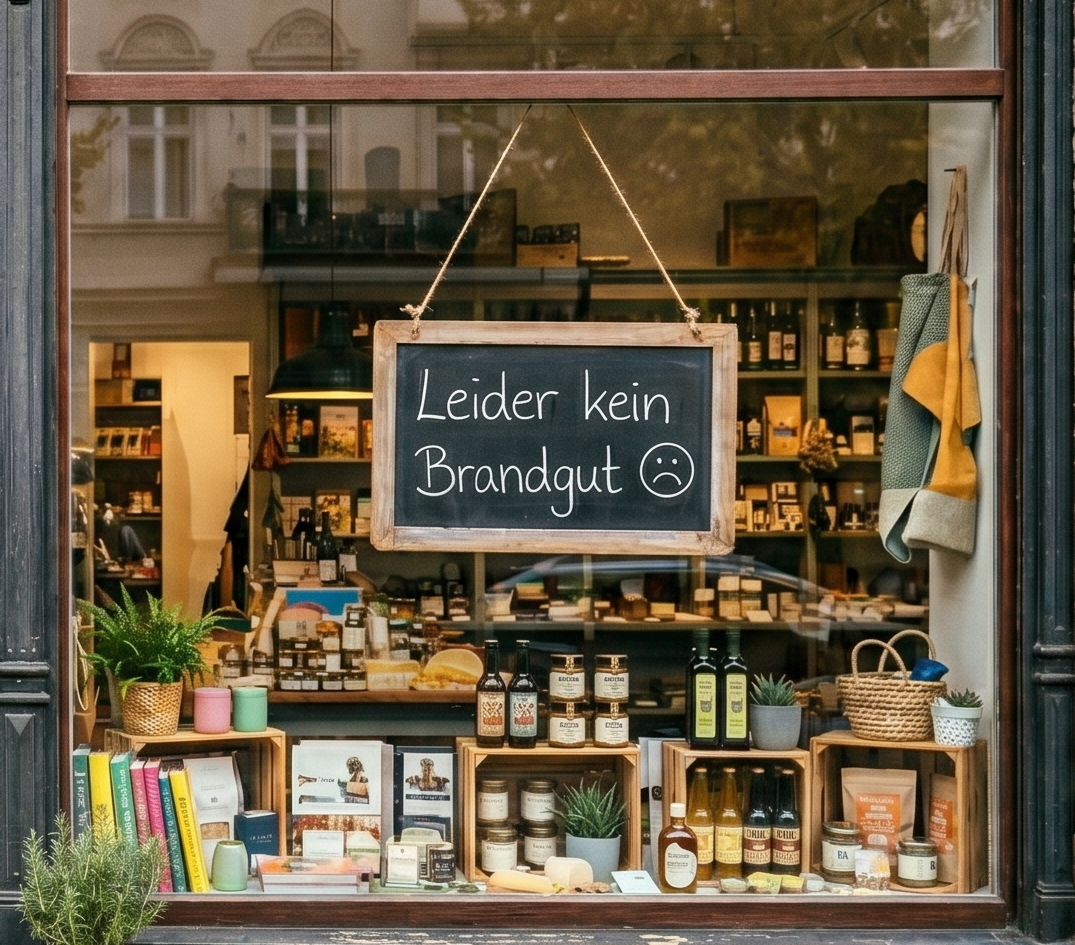 Schaufenster eines Feinkostgeschäfts mit Schild: "Leider kein Brandgut"