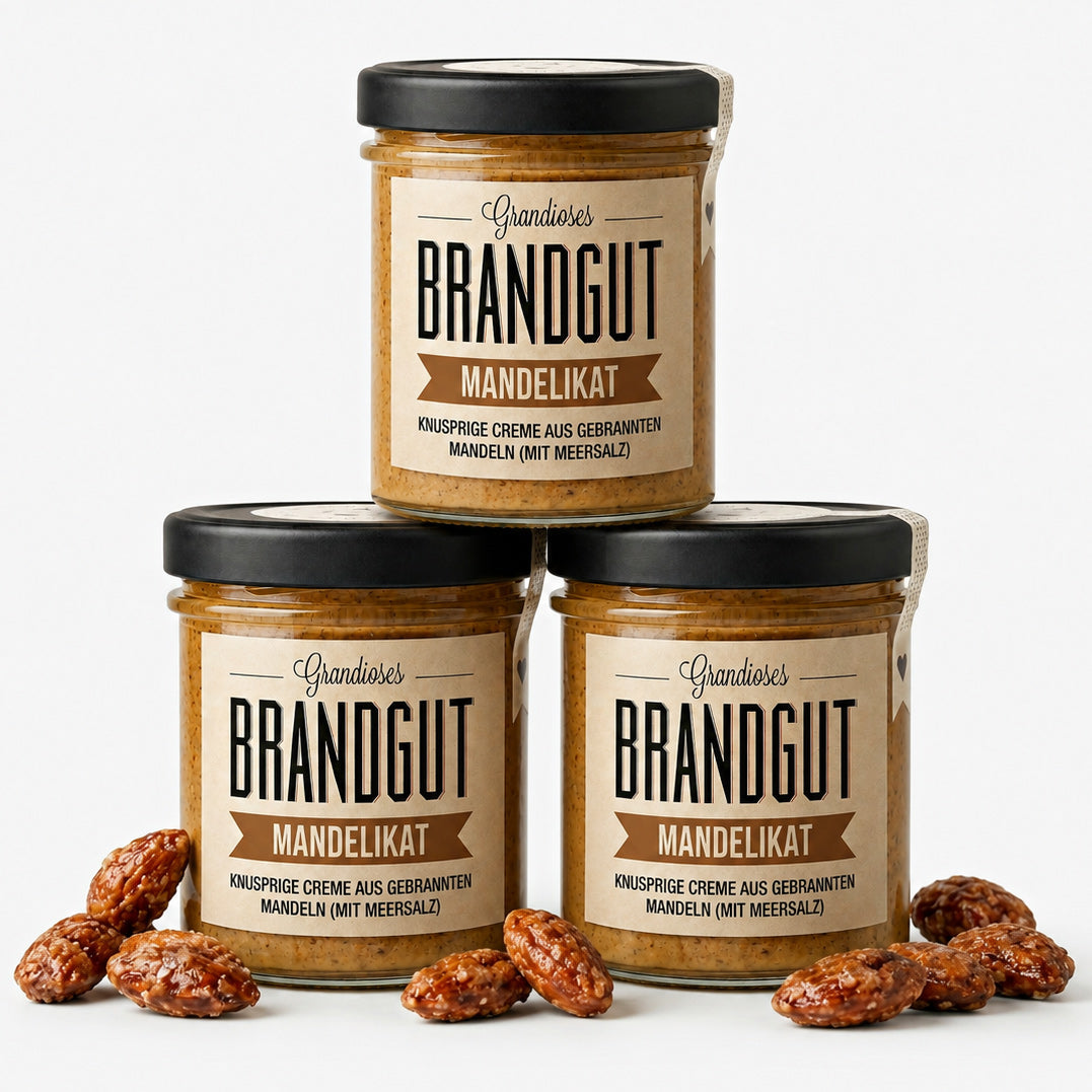3 Gläser "Brandgut" "Mandelikat" Mandelcreme mit gebrannten Mandeln