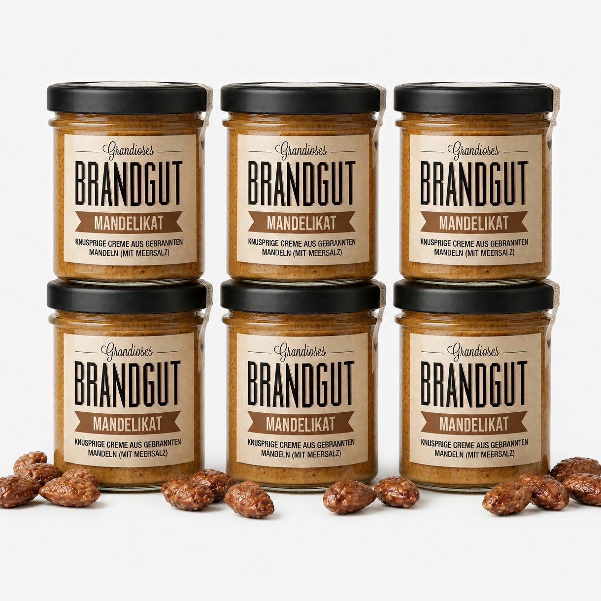 6 Gläser "Brandgut" "Mandelikat" Mandelcreme mit gebrannten Mandeln