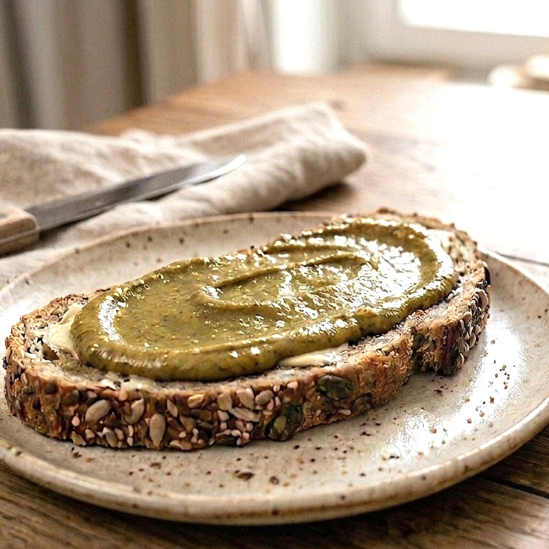 Eine Scheibe Brot mit "Brandgut" Pistaziencreme