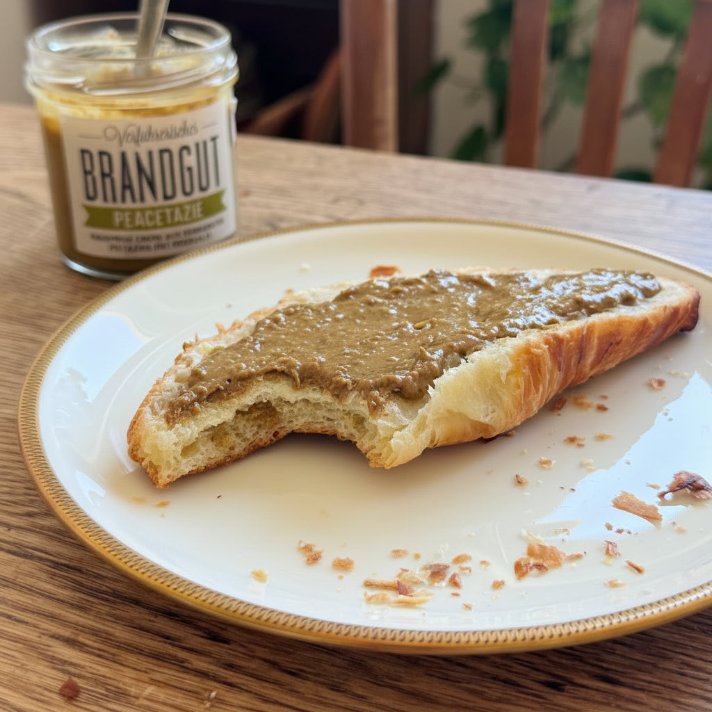 Ein Croissant, das mit Pistaziencreme "Brandgut" "Peacetazie" bestrichen ist auf Teller und Tisch