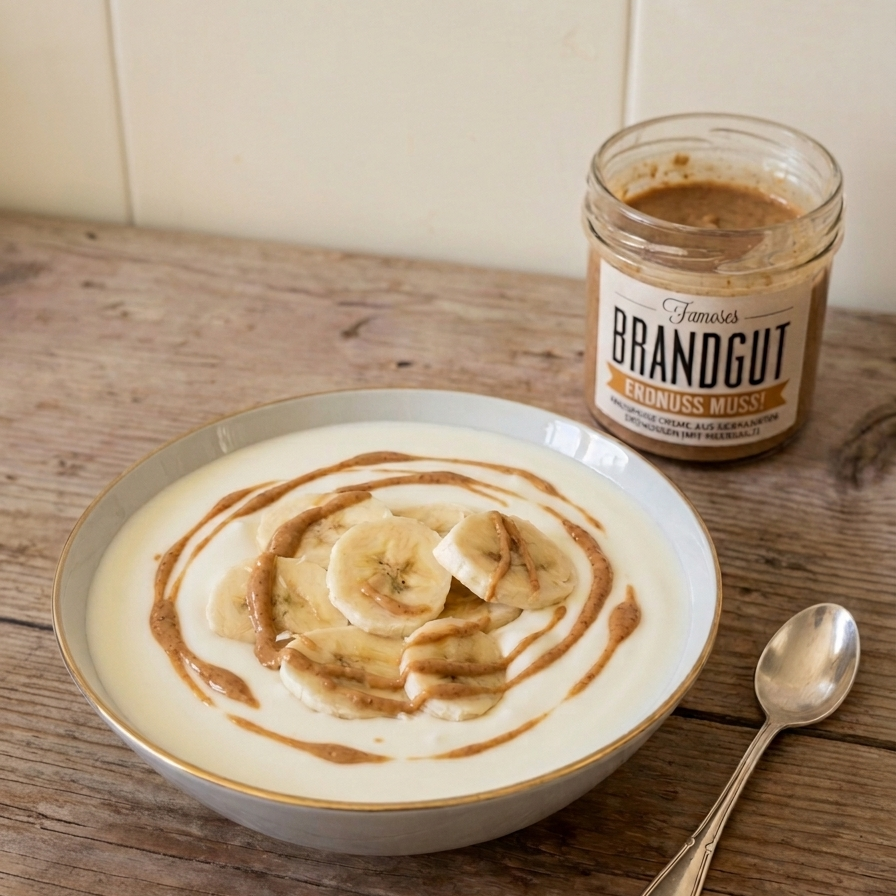 Schale Joghurt mit Erdnussbutter- Topping und Banane