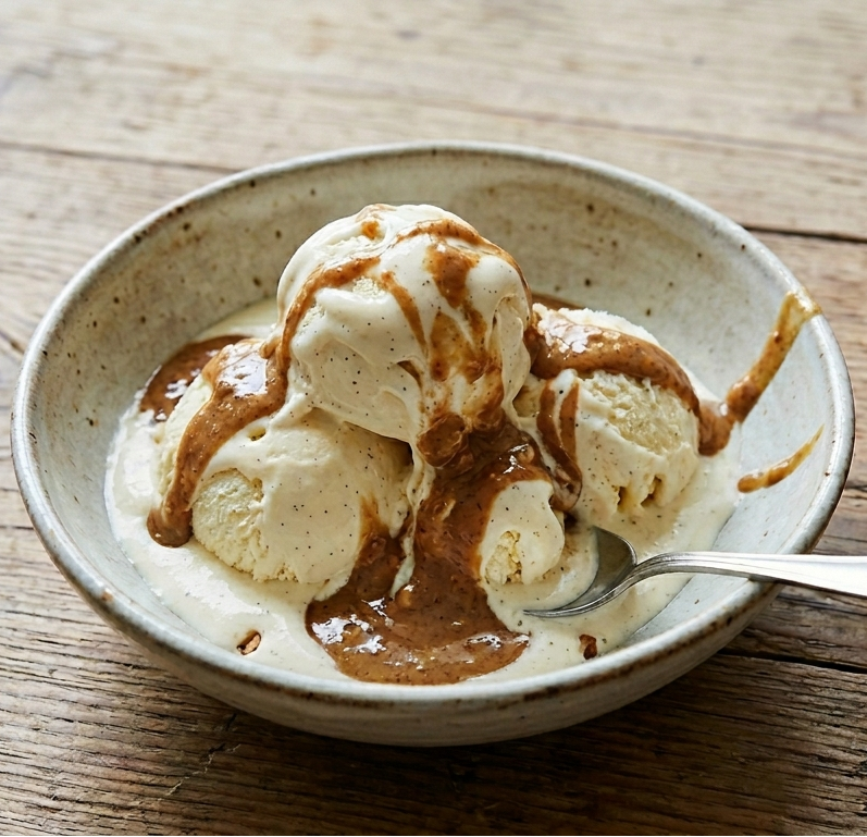 Schale Eiscreme mit Nusscreme Topping aus gebrannten Nüssen von BRANDGUT