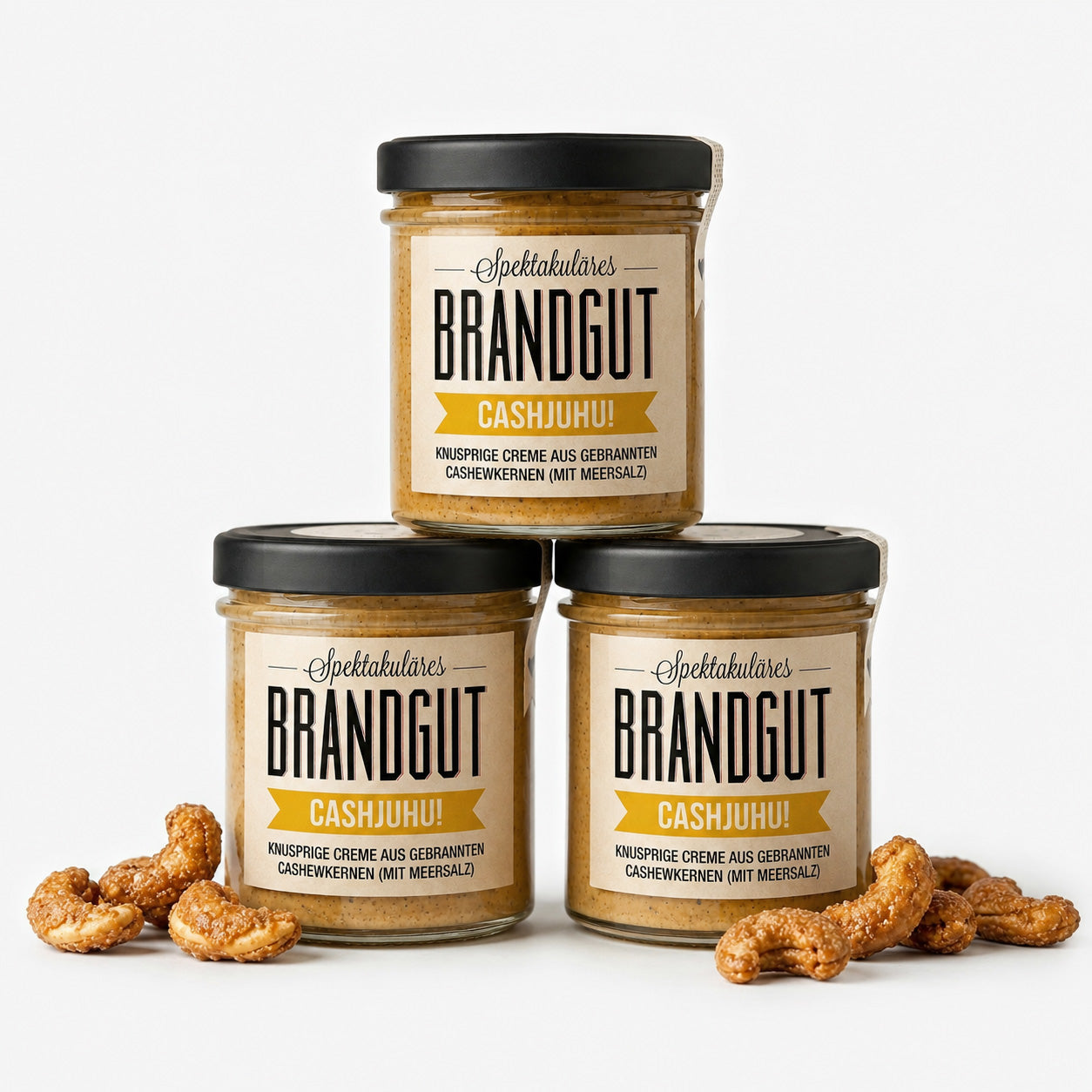 3 Gläser "Brandgut" "Cashjuhu" Cashewcreme mit gebrannten Cashewkernen