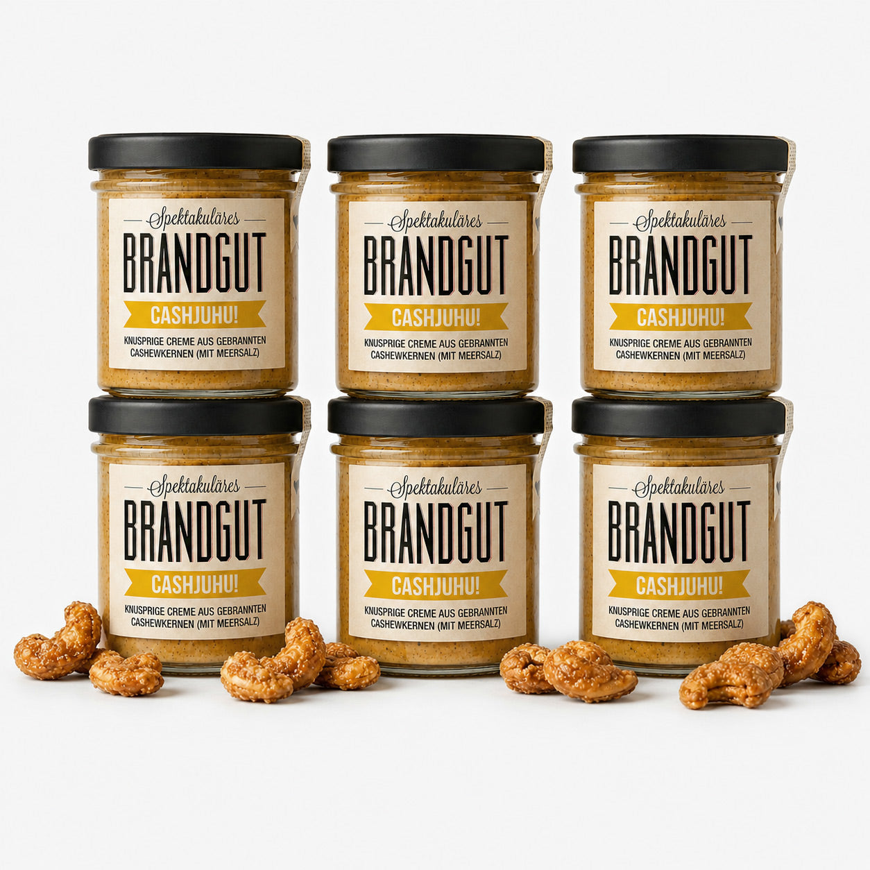 6 Gläser "Brandgut" "Cashjuhu" Cashewcreme mit gebrannten Cashewkernen