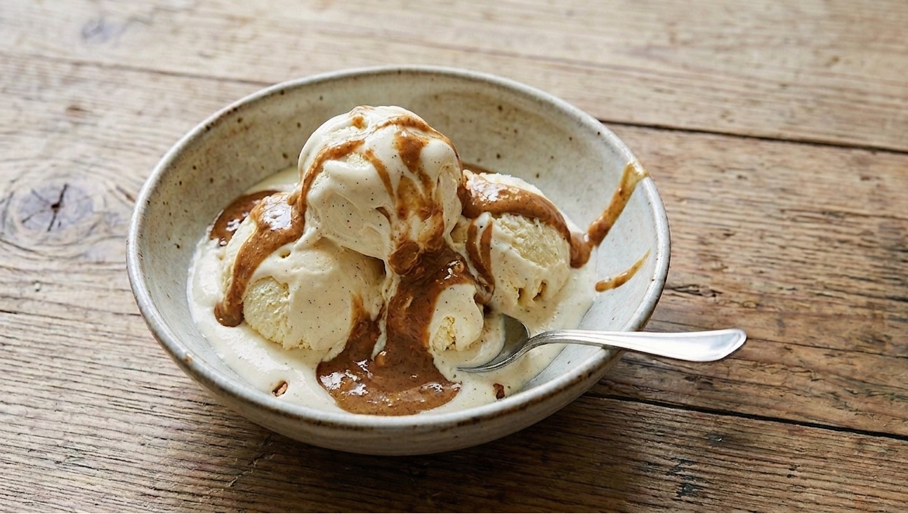 Schale Eiscreme mit Nusscreme Topping aus gebrannten Nüssen von BRANDGUT