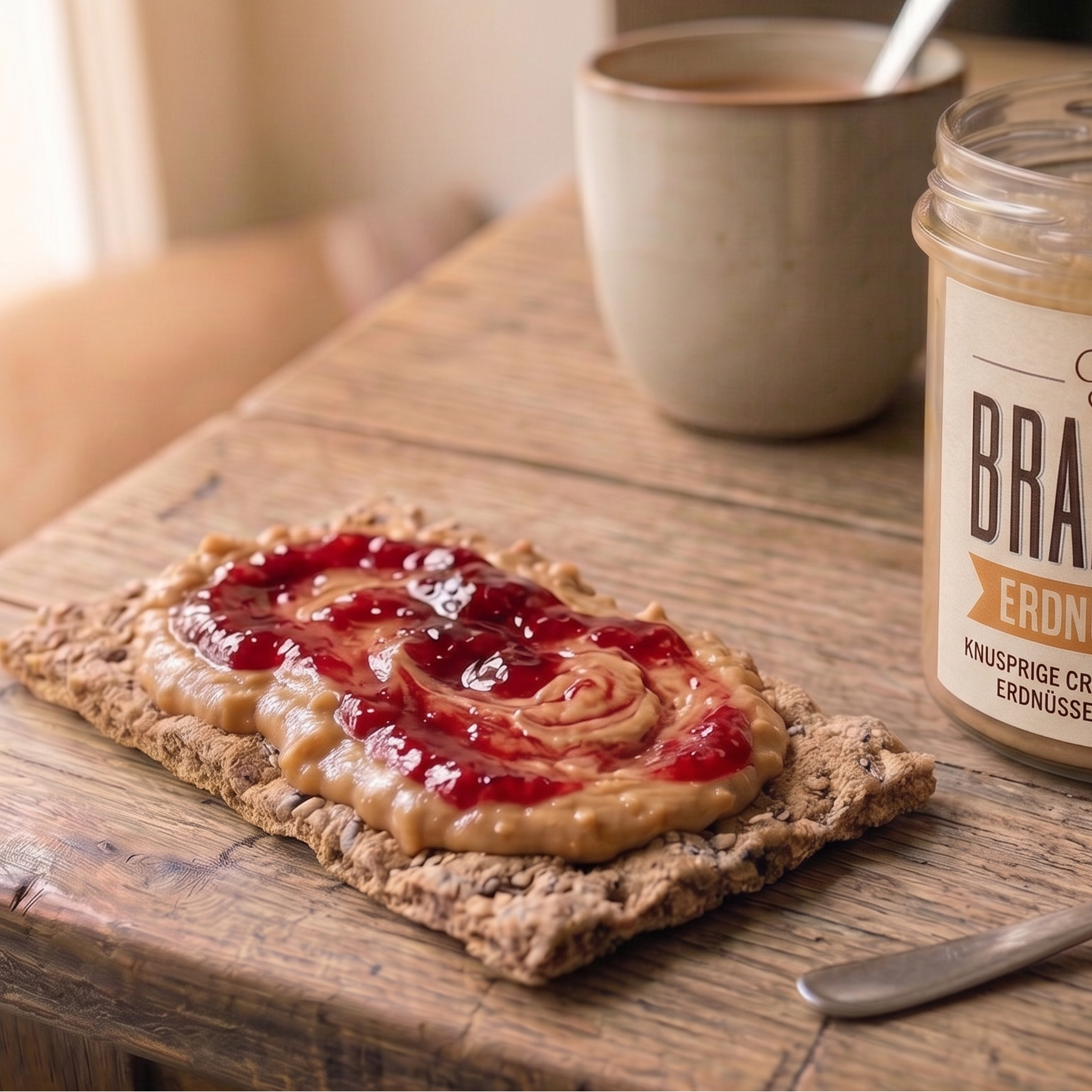 Knäckebrot mit Erdnusscreme & Marmelade auf Holzbrett