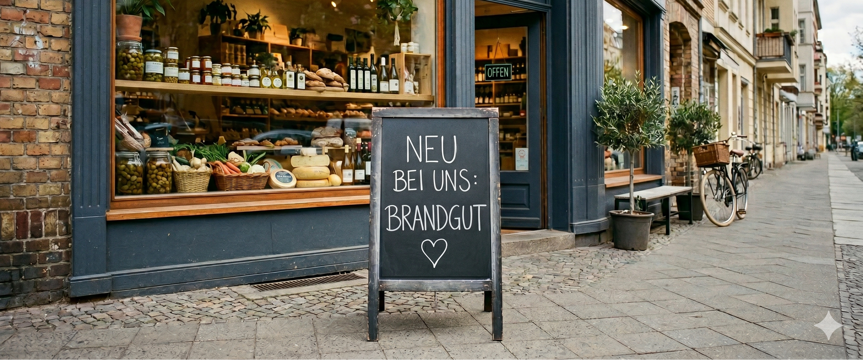 Kreidetafel vor Feinkostgeschäft. Aufschrift "Neu bei uns: Brandgut"