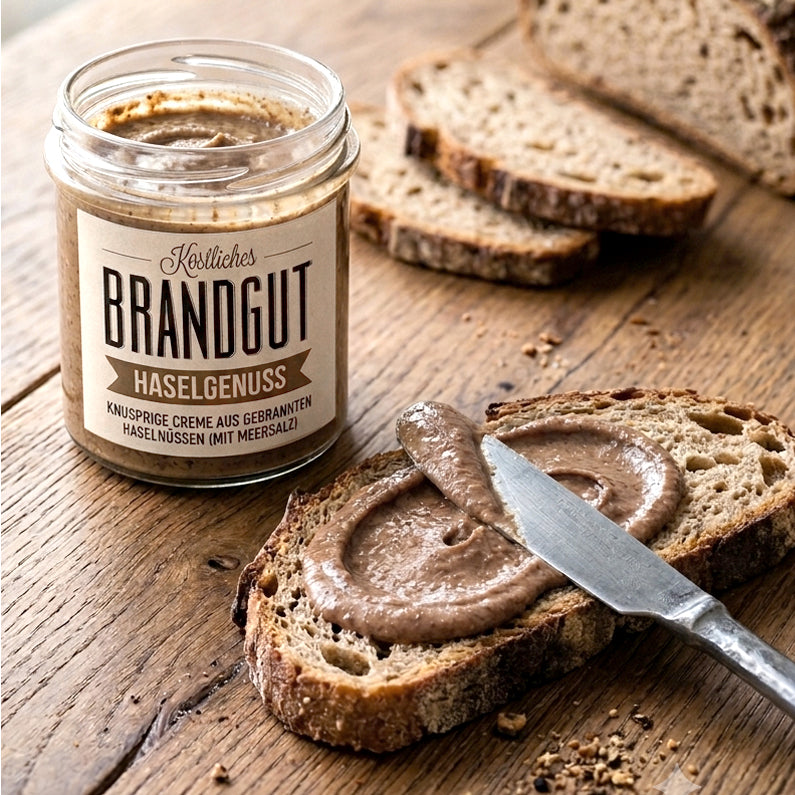 Brot mit Haselnusscreme auf Holzbrett, daneben ein Glas "Haselgenuss" von "Brandgut"