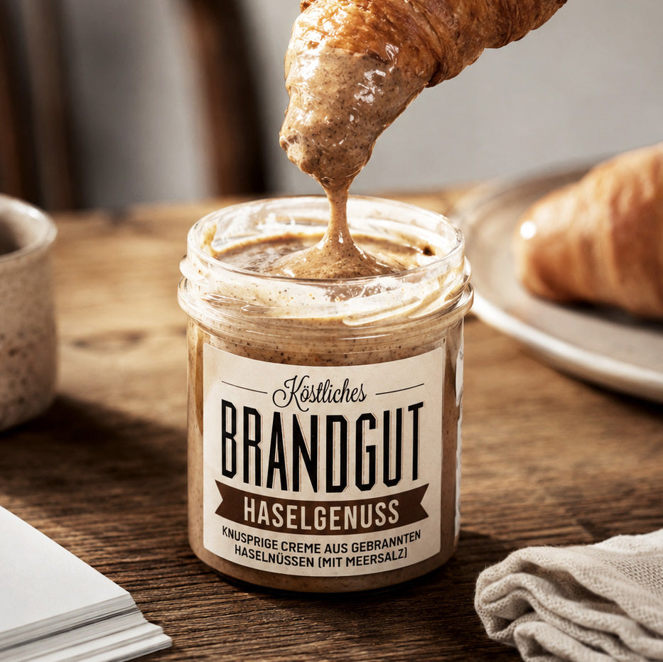 Croissant wird in Haselnusscreme von "Brandgut Haselgenuss" getunkt auf Küchentisch