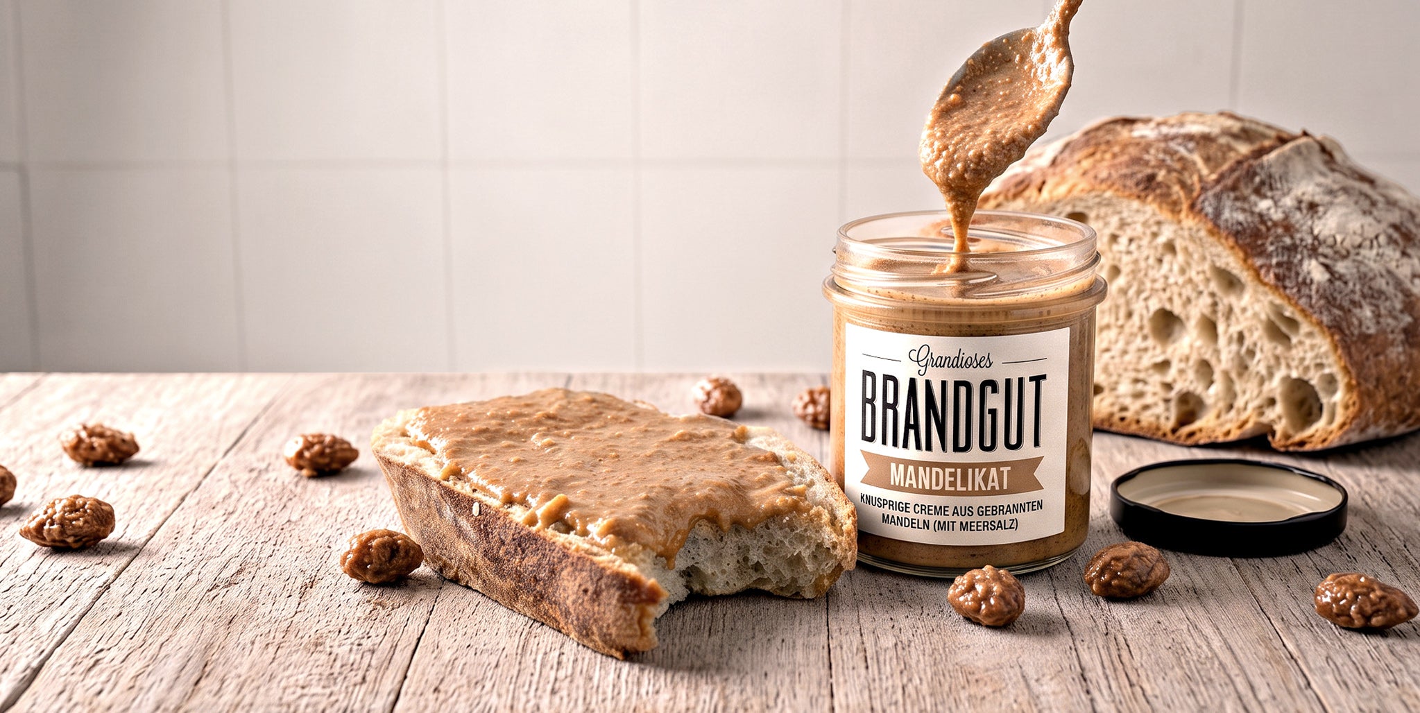 Angebissene Scheibe Brot mit Nusscreme "Mandelikat" von "Brandgut" auf Holz. Tropfender Löffel mit Nusscreme, gebrannte Mandeln, Brotlaib.