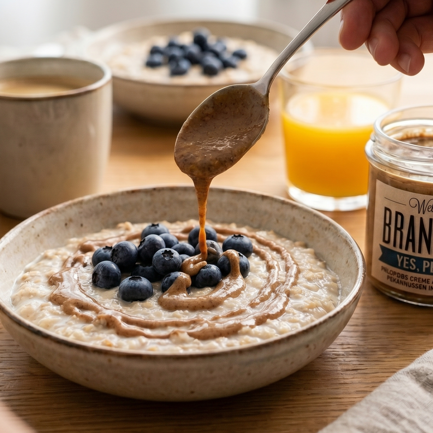 Nusscreme auf einem Porridge auf einem Frühstückstisch, Creme tropft vom Löffel, 1 Glas "Brandgut" "yes, pe can". 
